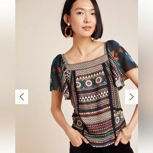 Farm Rio for Anthropologie Boho Embroidered Peasant Top Sz S Ethnic Tribal Print